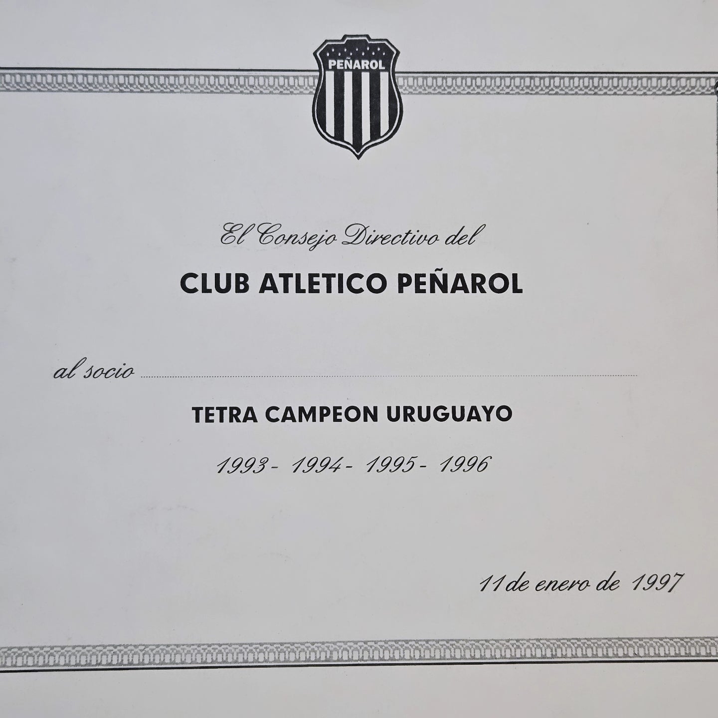Diploma Tetracampeonato histórico de Peñarol (1993-1996)