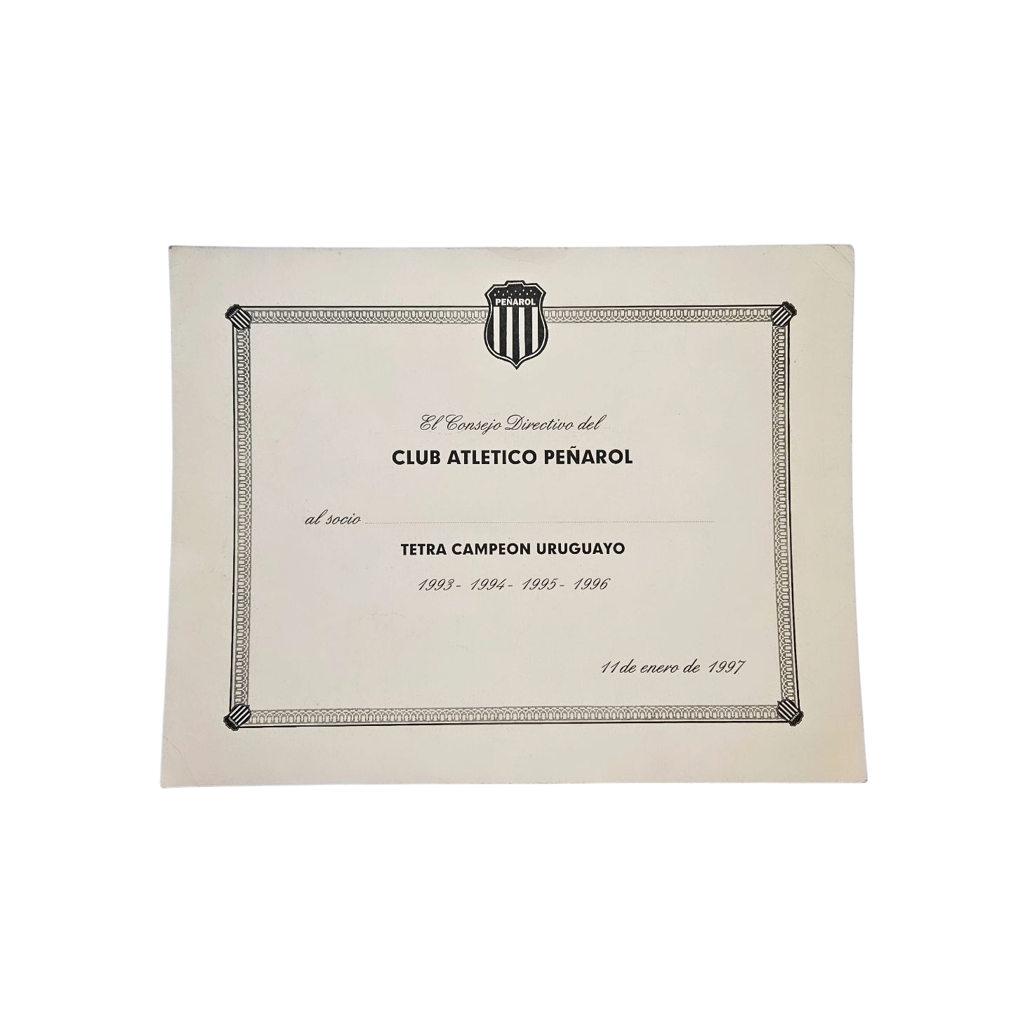 Diploma Tetracampeonato histórico de Peñarol (1993-1996)